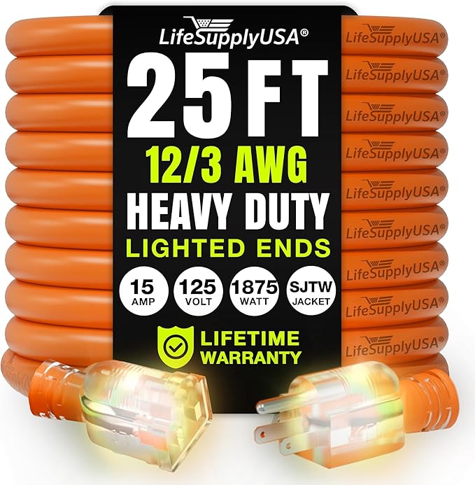 25ft Outdoor/Indoor Extension Cord 12/3 Gauge Extra Heavy Duty 3 Prong SJTW by LifeSupplyUSA