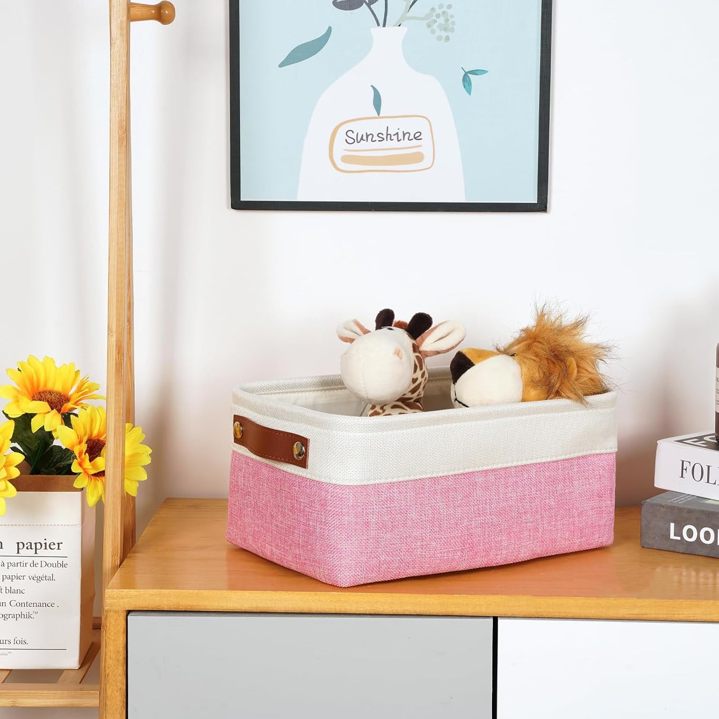 DULLEMELO Small Storage Baskets 6 Pack, Fabric Collapsible Gift Storage Baskets for Shelves, Closets, Nursery, Home, Office Organizing,Small Canvas Linen Rectangular Storage Bins (6-Pack, White&Pink)