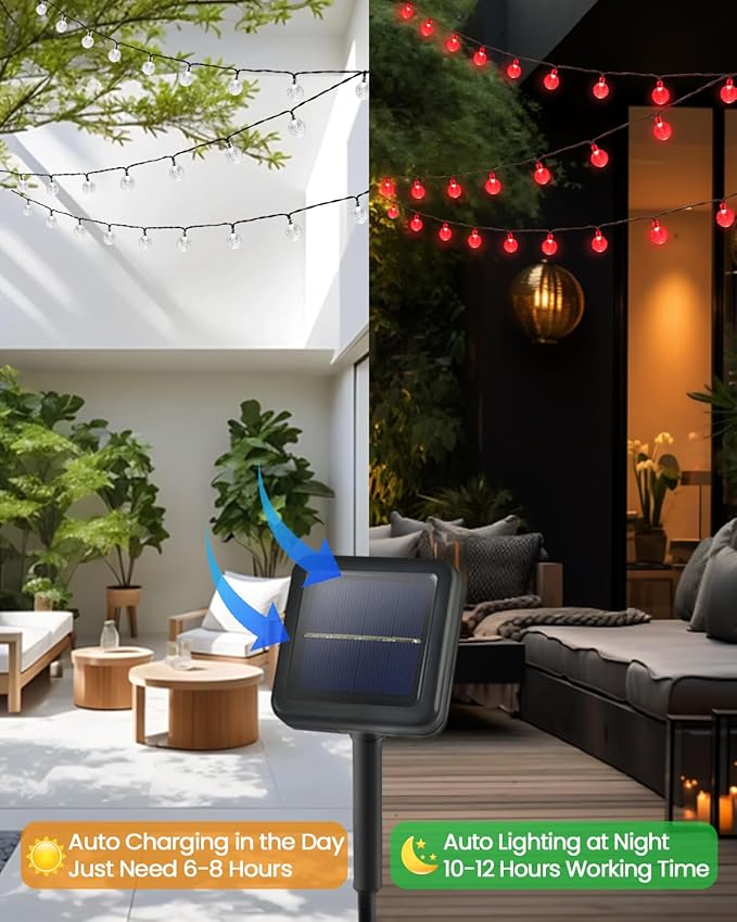 2-Pack 100 LED Red Solar String Lights Outdoor - 64FT Crystal Globe Waterproof - Image 6