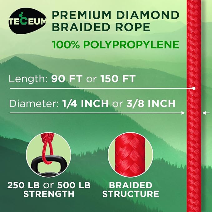 TECEUM Rope – 90 Feet x 3/8 Inch – Red – Strong All-Purpose Utility Rope – - Image 2