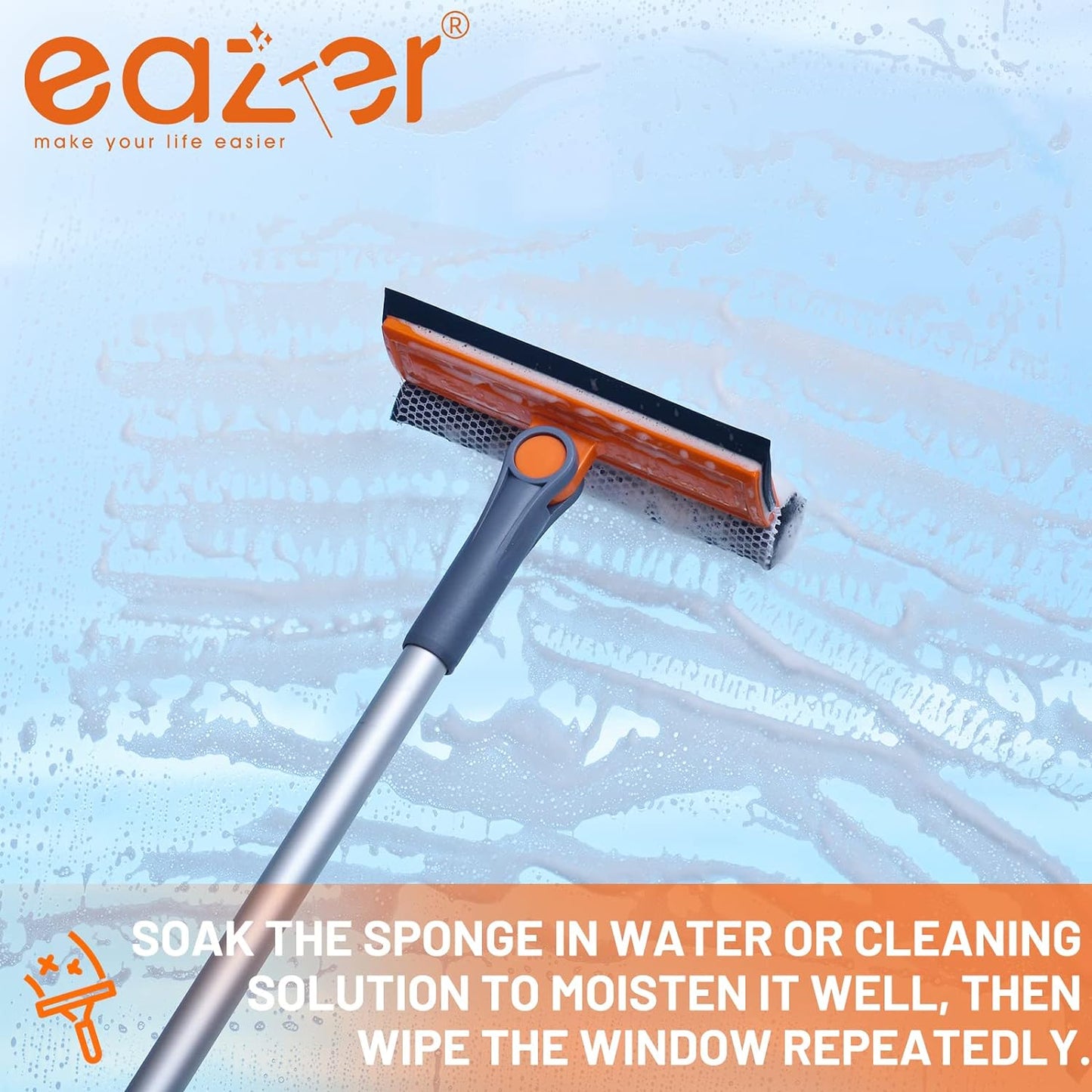 eazer Professional Window Squeegee, 2-in-1 Rotatable Squeegee for Window Cleaning Kit, Window Cleaner Tool, Window Washing Equipment Kit with Extension Pole (20''-30'') for Shower/Windshield - 2 Head