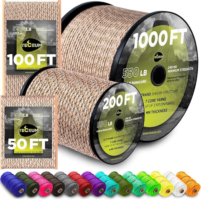 TECEUM 5/32" Paracord Rope 1000 – 1000ft / 200ft / 100ft / 50ft – Tactical by TECEUM