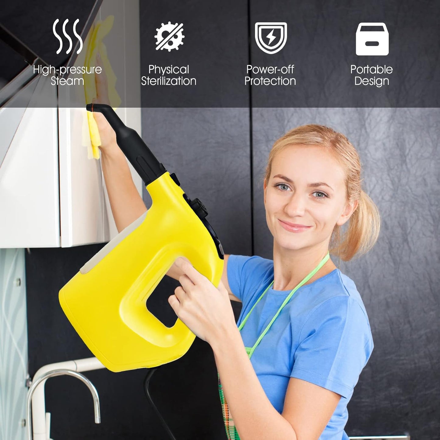 COSTWAY Handheld MultiPurpose Steam Cleaner with 17 Pieces, 350ml Large Capacity Steam Mop Continuous Fill water, Portable Chemical-Free Steamer for Home Use, Floors, Windows, 1400W, Yellow