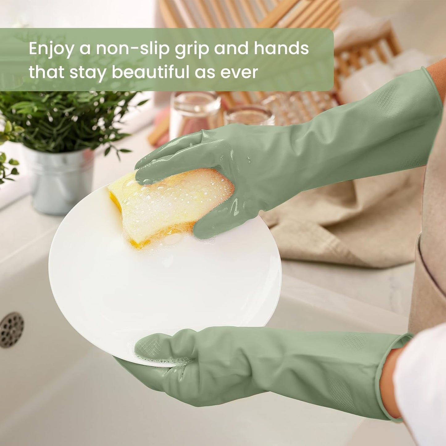 Rubber Cleaning Gloves for Dishwashing, 4 Pairs Reusable Kitchen Gloves for Washing Dishes and Household Cleaning, Green Dish Gloves with Flocked Lining and Non-Slip Grip, Pefect for Woman Men - L