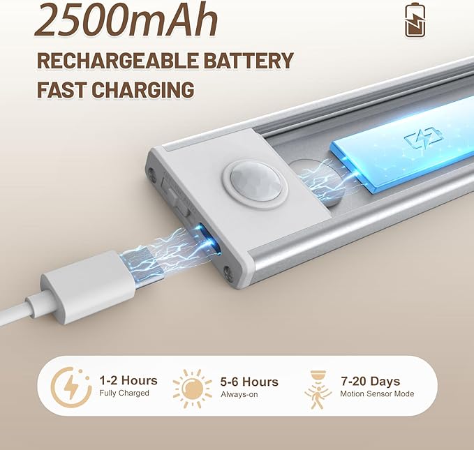 6 Pack Under Cabinet Lighting Wireless, 50 LED Rechargeable Battery Motion - Image 5