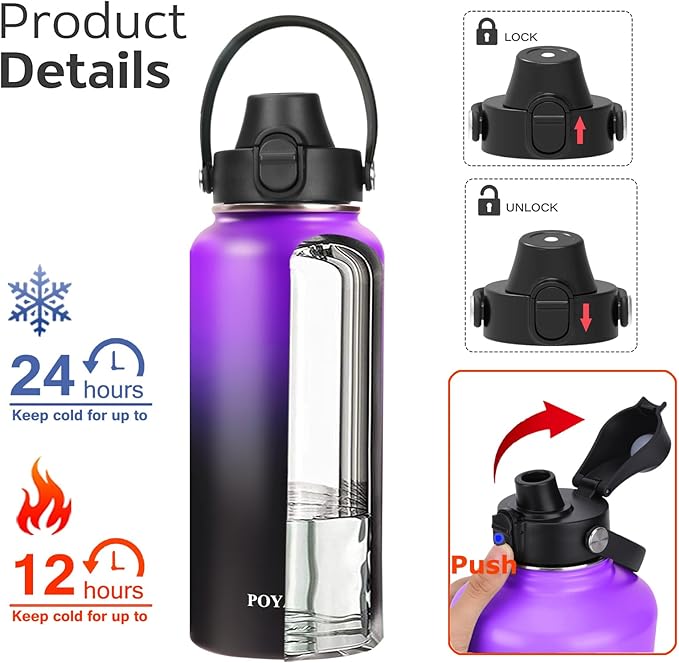 Water Bottle Insulated 32oz 40oz 64oz 128oz Straw Lid Spout Lid & 3 Lids - Image 2