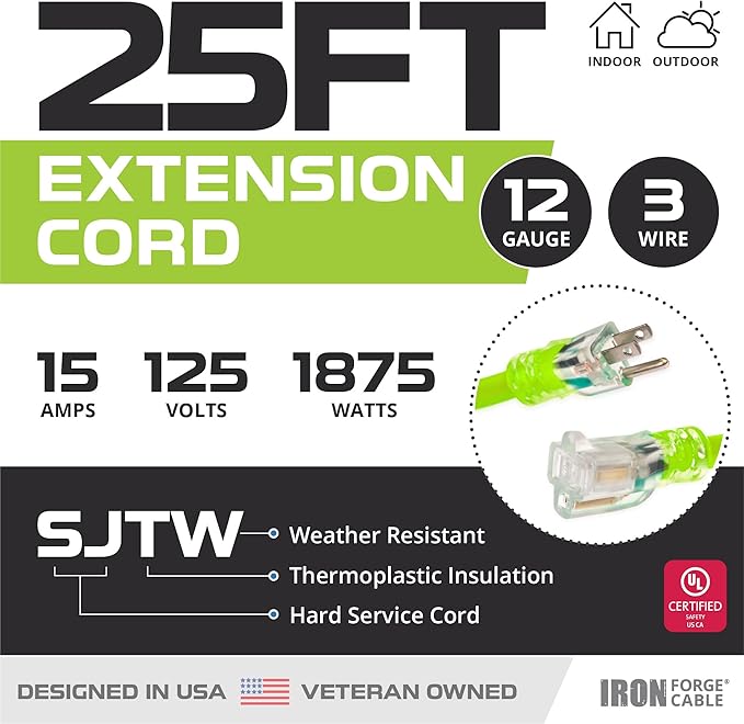 Iron Forge Cable Weatherproof 25 Ft Outdoor Extension Cord Neon Green - Image 2