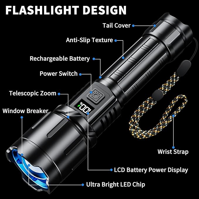 Rechargeable Flashlight 99000 High Lumens, LED Super Bright Flash Light - Image 9
