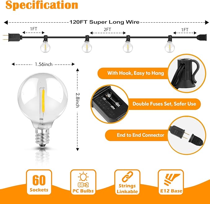 Brightever 120ft Outdoor G40 LED Globe String Lights Dimmable Waterproof - Image 3