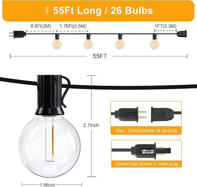 OHLUX Outdoor String Lights, 55FT Shatterproof LED Patio Lights - Image 2