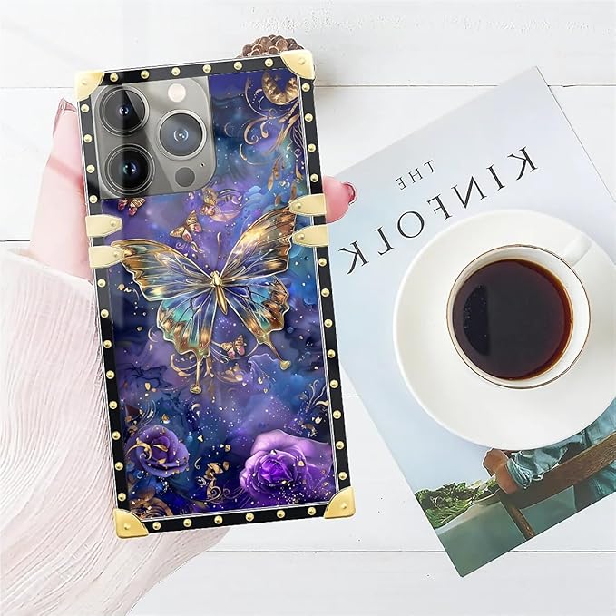 Compatible with iPhone 14 Pro Case, Glistening Golden Butterfly Vibrant Purple - Image 7