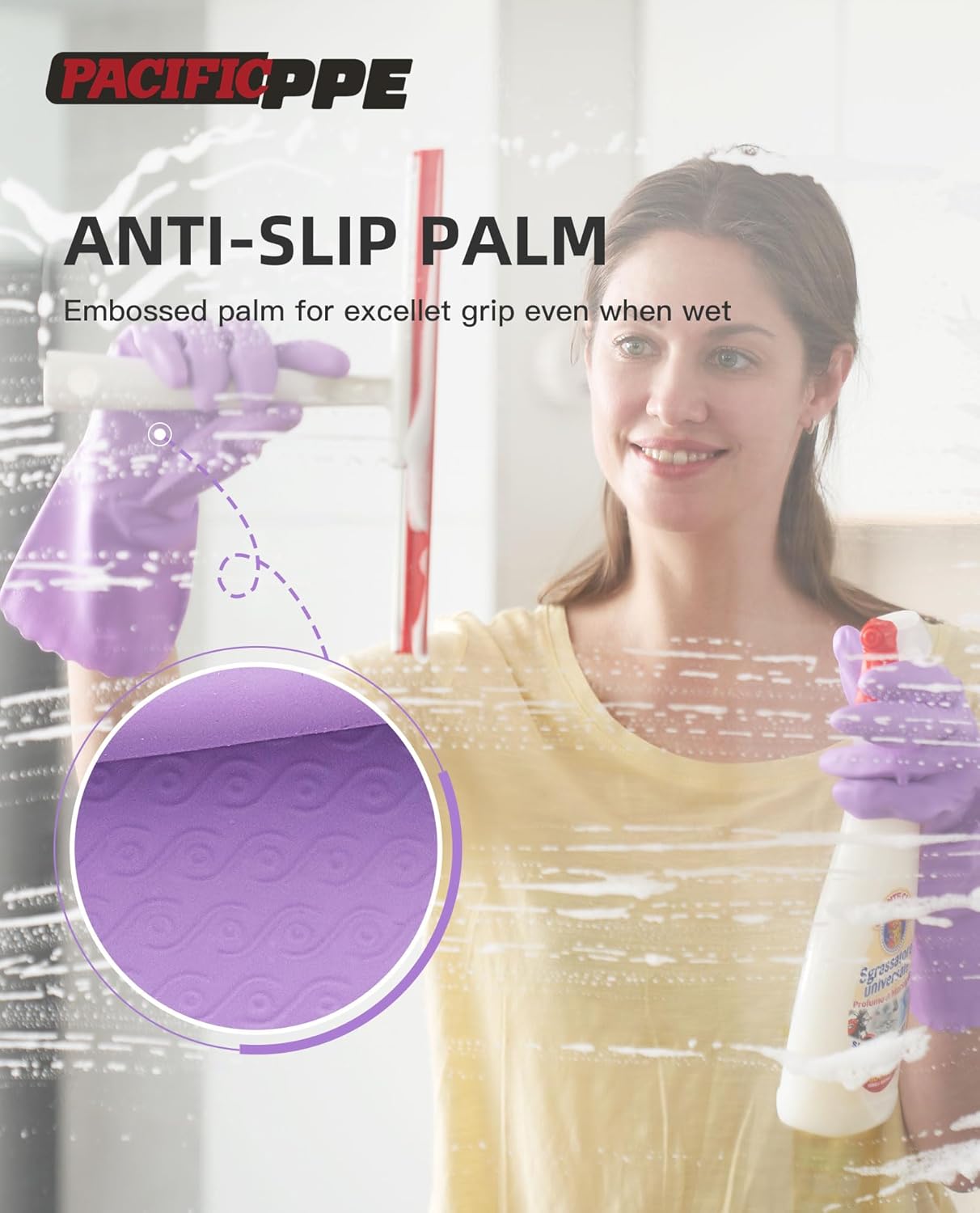 PACIFIC Cleaning Gloves with Latex free, Dishwashing Kitchen Gloves with Cotton Flocked Liner, Reusable, Non-Slip, Water Resistant Household Gloves, Purple, Medium