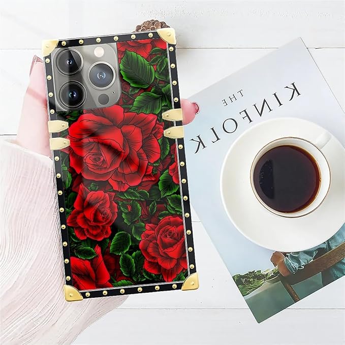 Compatible with iPhone 14 Pro Case, Vector Red Rose Green Leaf Luxury Golden - Image 7