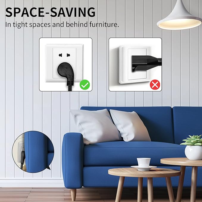 Miady Flat Plug Extension Cord 1 Ft, 90 Degree Plug Adapter, 3 Prong Grounded - Image 2