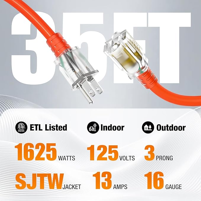 35 FT Outdoor Extension Cord Waterproof, 16/3 Gauge Heavy Duty 3 Prong Power - Image 2