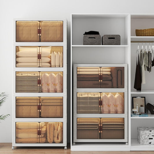 Extra Large Stackable Storage Bins with Lids & Wheels & Door, 1280QT-160QT/40GAL*8Pack Foldable Collapsible Closet Organizers, Plastic containers drawers for bedroom Dorm