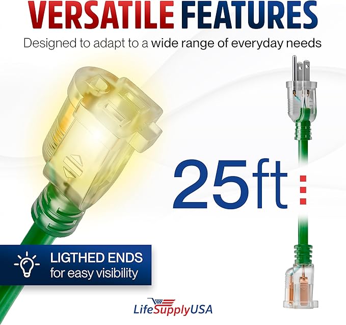 25ft Outdoor/Indoor Extension Cord 14/3 Gauge Heavy Duty 3 Prong SJTW, - Image 6