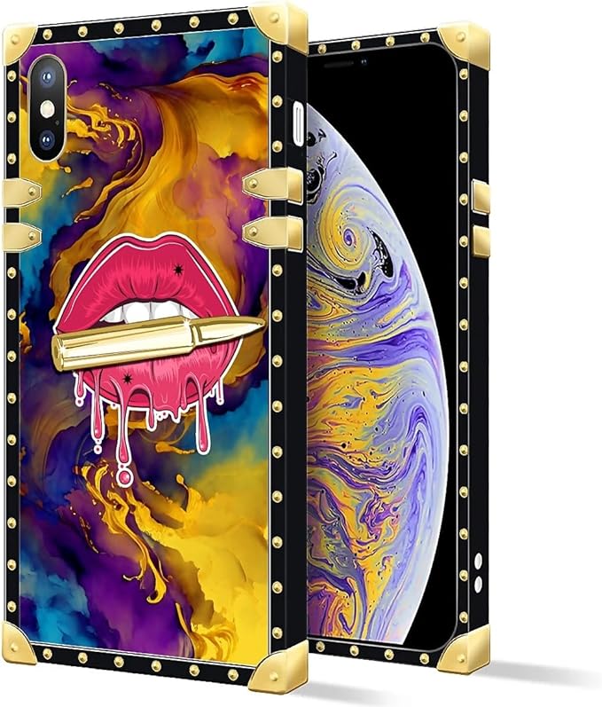 Compatible with iPhone XR Case, Cool Corlorful Lip Marble Luxury Golden - Image 2