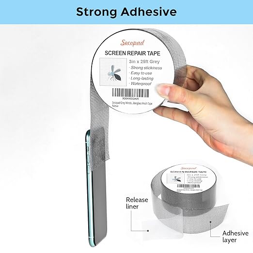 Secopad Grey Window Screen Repair Tape, 3IN X 25FT Screen Repair Kit - Image 2