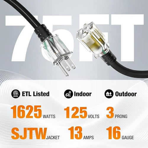 75 FT Outdoor Extension Cord Waterproof, 16/3 Gauge Heavy Duty 3 Prong Power - Image 2
