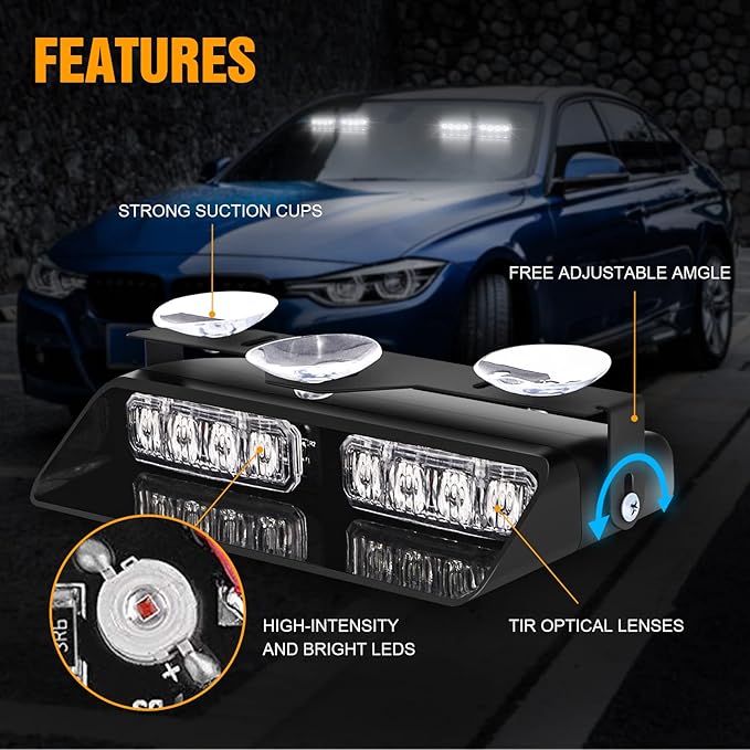 XRIDONSEN White 2 in 1 Dash Emergency Strobe Lights Front/Rear Windshield - Image 3