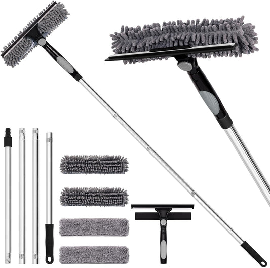 Professional 72'' Window Squeegee Cleaning Washing Tool/Kit with Extension Pole, 3 in 1 Squeegee for Window Cleaning Kit for High Window with 1 Rotatable Head 4 Interchangeable Scrubber