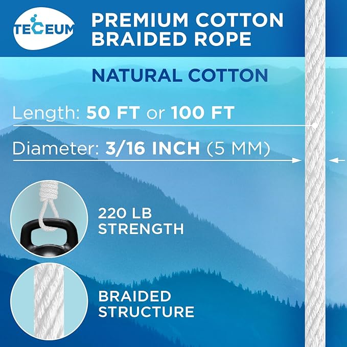 TECEUM Cotton Rope 3/16” – 300 FT – Strong All-Purpose Braided Rope – Natural - Image 2