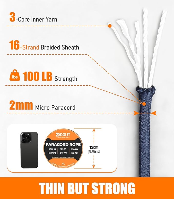 DDOUT 2mm Paracord 100lb, Thin Micro Paracord Rope, DKBlue 125FT Nylon Cord - Image 2
