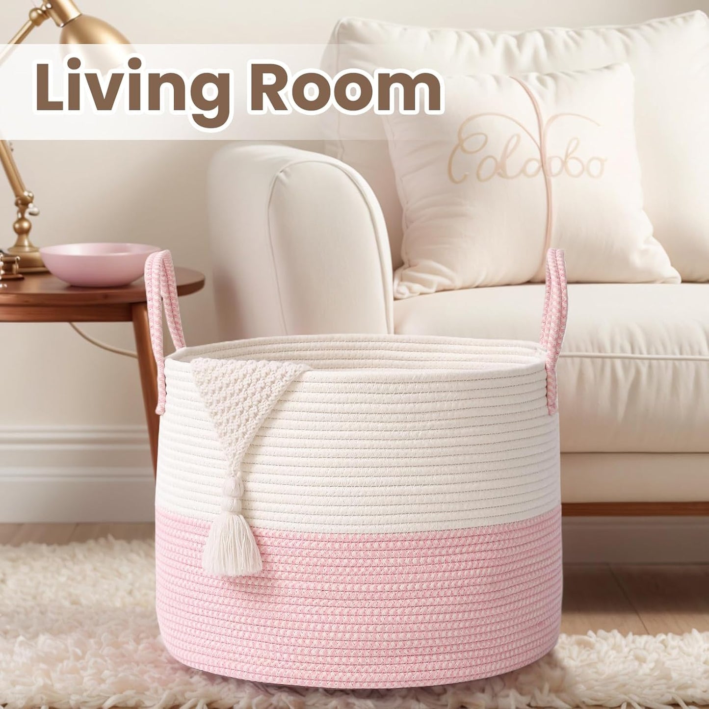 Woven Blanket Basket,115L Large Rope Storage Bin with Handles, Organizer for Blankets Toys Book and Clothes, Laundry Basket for Living Room Bedroom Nursery,White&Pink