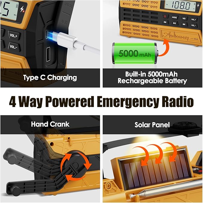 Emergency Radio, 5000mAh/18500mWh Solar Hand Crank Weather Radio - Image 4
