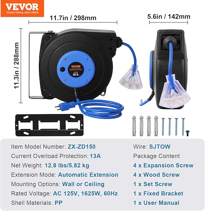 VEVOR Retractable Extension Cord Reel, 50 FT, Heavy Duty 14AWG/3C SJTOW - Image 7