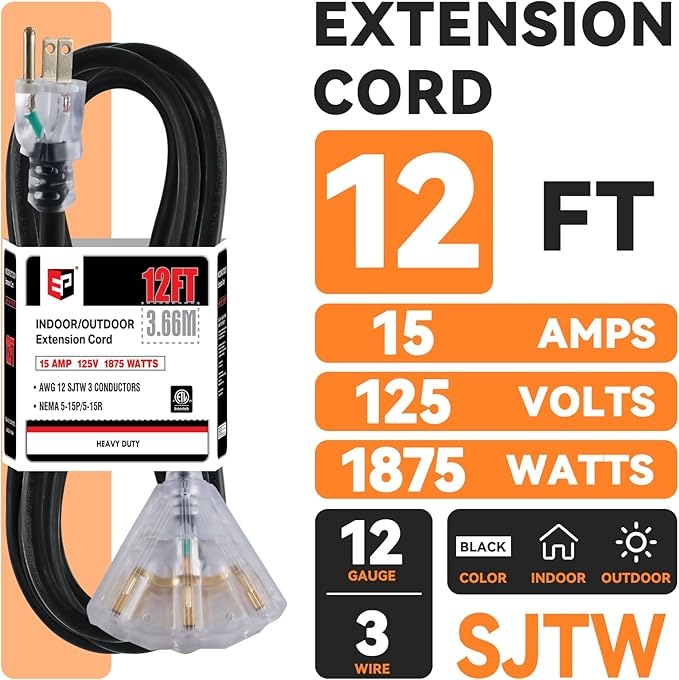 EP 12 Ft 12 Gauge Heavy Duty Extension Cord, 15A 125V 1875W, 3 Outlet - Image 2