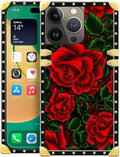 Compatible with iPhone 14 Pro Case, Vector Red Rose Green Leaf Luxury Golden by Unknown