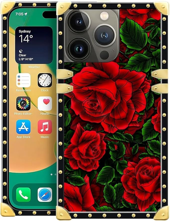 Compatible with iPhone 14 Pro Case, Vector Red Rose Green Leaf Luxury Golden by Unknown