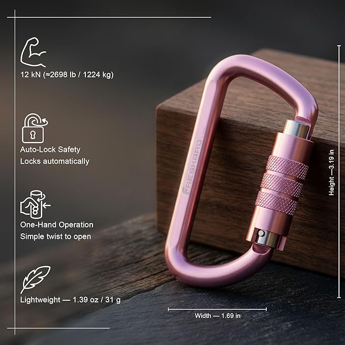 FresKaro 3inch 12kN-2698lbs Auto Locking Carabiner Clips, Solid D Shape - Image 2