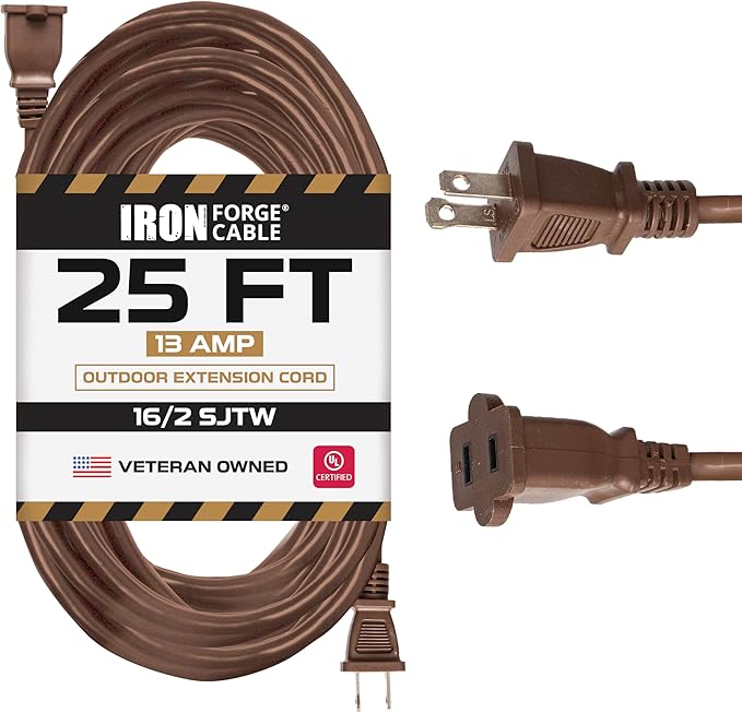 Iron Forge Cable 2 Prong Outdoor Extension Cord 25 ft, 16/2 SJTW 25 Foot Brown by IronForgeCable