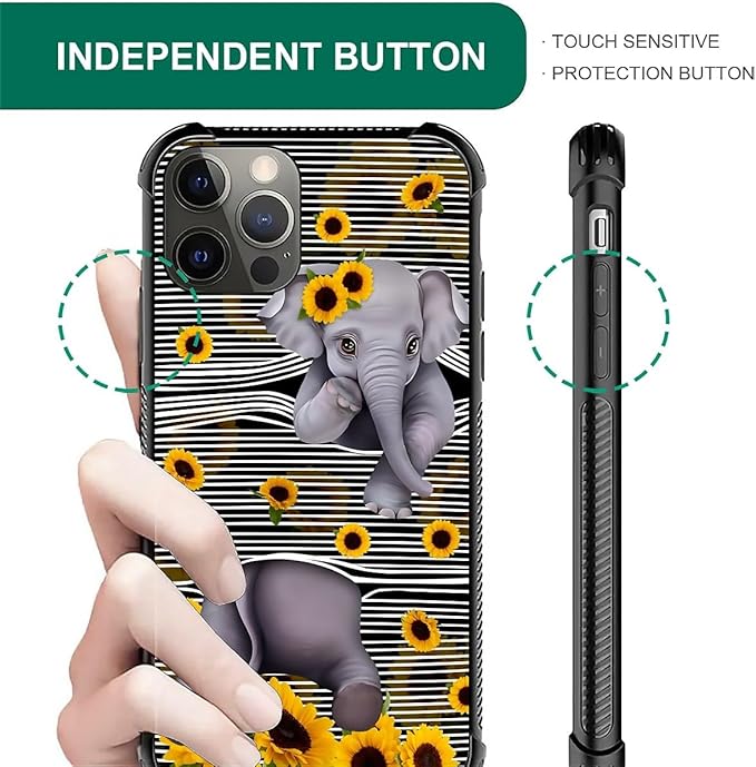 for iPhone 11 Pro Case, Cute Little Elephant Sunflower White Line Art Pattern - Image 3