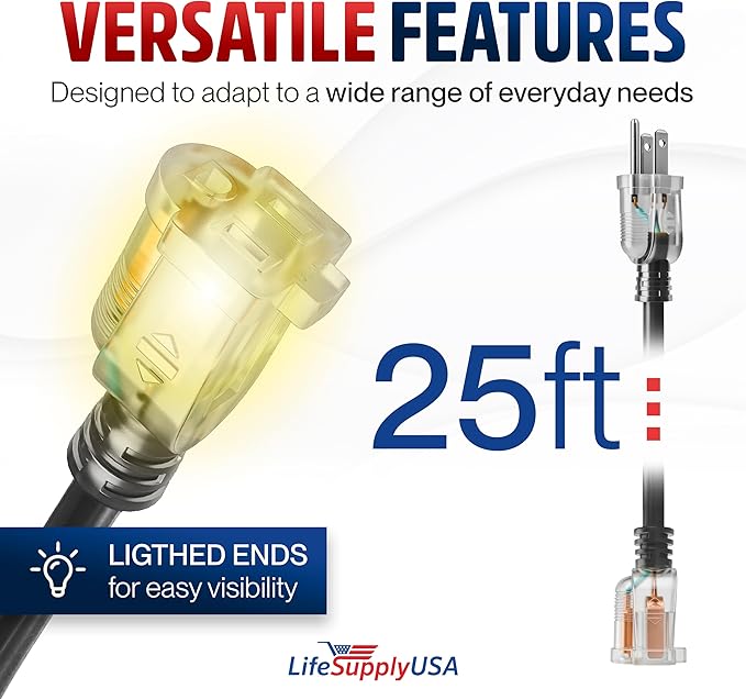 25ft Outdoor/Indoor Extension Cord 14/3 Gauge Heavy Duty 3 Prong SJTW, - Image 6