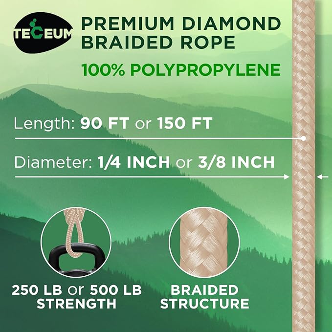 TECEUM Rope – 150 Feet x 1/4 Inch – Beige – Strong All-Purpose Utility Rope – - Image 2
