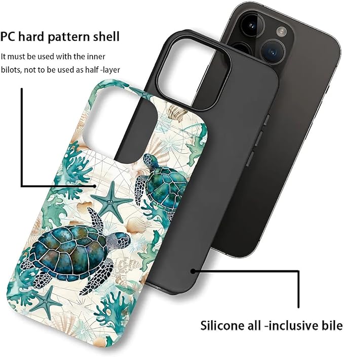 for iPhone 14 Pro Case, HH2 Ocean Sea Turtle Nautical Map Hybrid 2 Layer Hard - Image 3
