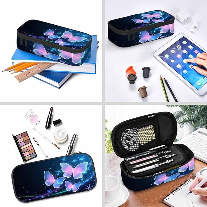 Glowing Butterflies Pencil Bag Sparkle Stars Bright Dark Blue Big Capacity - Image 6