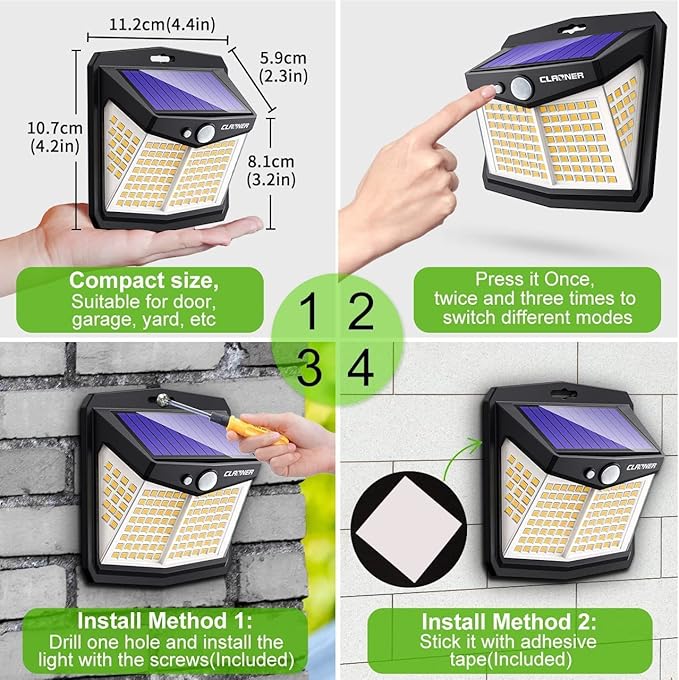 CLAONER Solar Lights Outdoor, Solar Motion Sensor Lights 3 Working Modes - Image 6