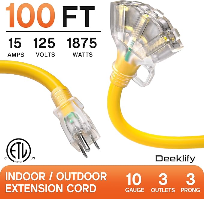100 ft 10 Gauge Heavy Duty 3 Outlet Extension Cord Splitter - Image 2
