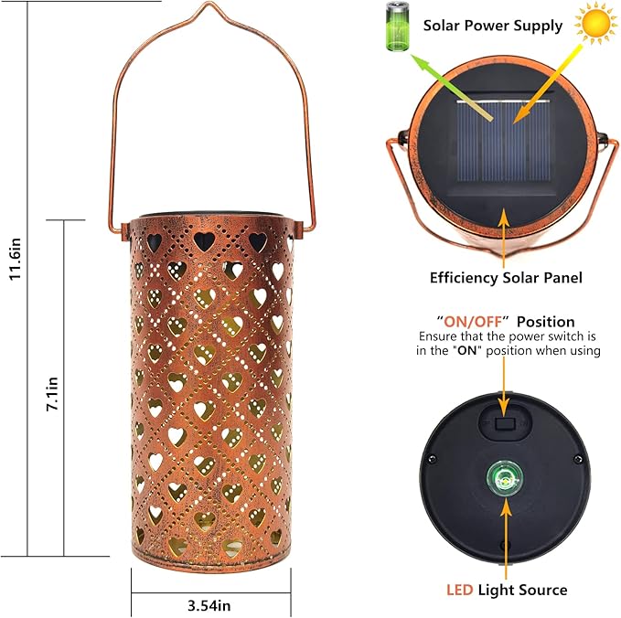 2 Pack Solar Lanterns Outdoor Hanging Heart Pattern Decor Lantern, Waterproof - Image 4