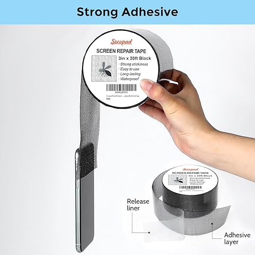 Secopad Black Window Screen Repair Tape, 3IN x 20FT Screen Repair Kit - Image 5