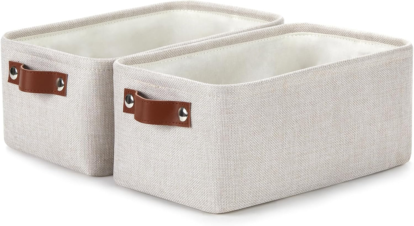 DULLEMELO fabric storage baskets | 11.8x7.9x5.1 inch small baskets for organizing Closet Set of 2 cloth storage baskets | rectangle storage basket with PU Handles (Beige)