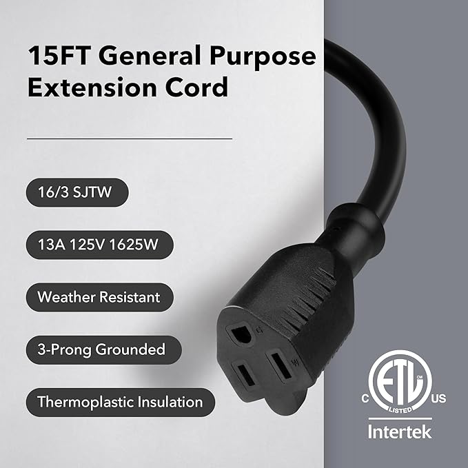 BN-LINK 15 ft Indoor/Outdoor Extension Cord 16/3 SJTW, Water & Weather Resistant - Image 2