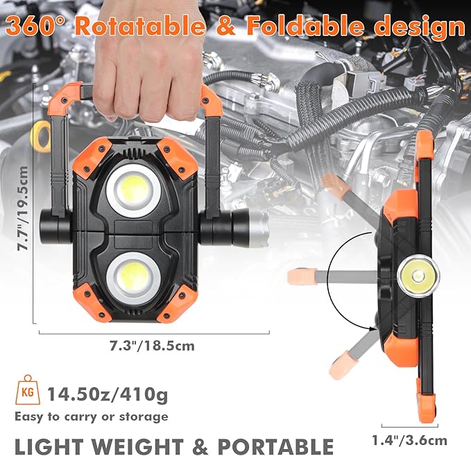 sunzone Rechargeable LED Work Light, Portable Flood Light Spotlight 2 in 1 Job - Image 5