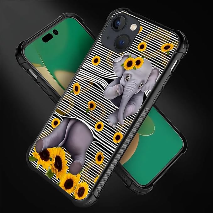 for iPhone 14 Plus Case, Cute Little Elephant Sunflower White Line Art Pattern - Image 3
