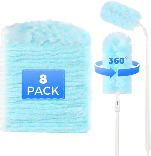 Disposable Duster Refills 8-Pack with Extendable Handle, 360° Electrostatic Dusting Tool, Adjustable Angle for Ceiling/Fan/Furniture Cleaning (Compatible with Multi-Brand Heads)